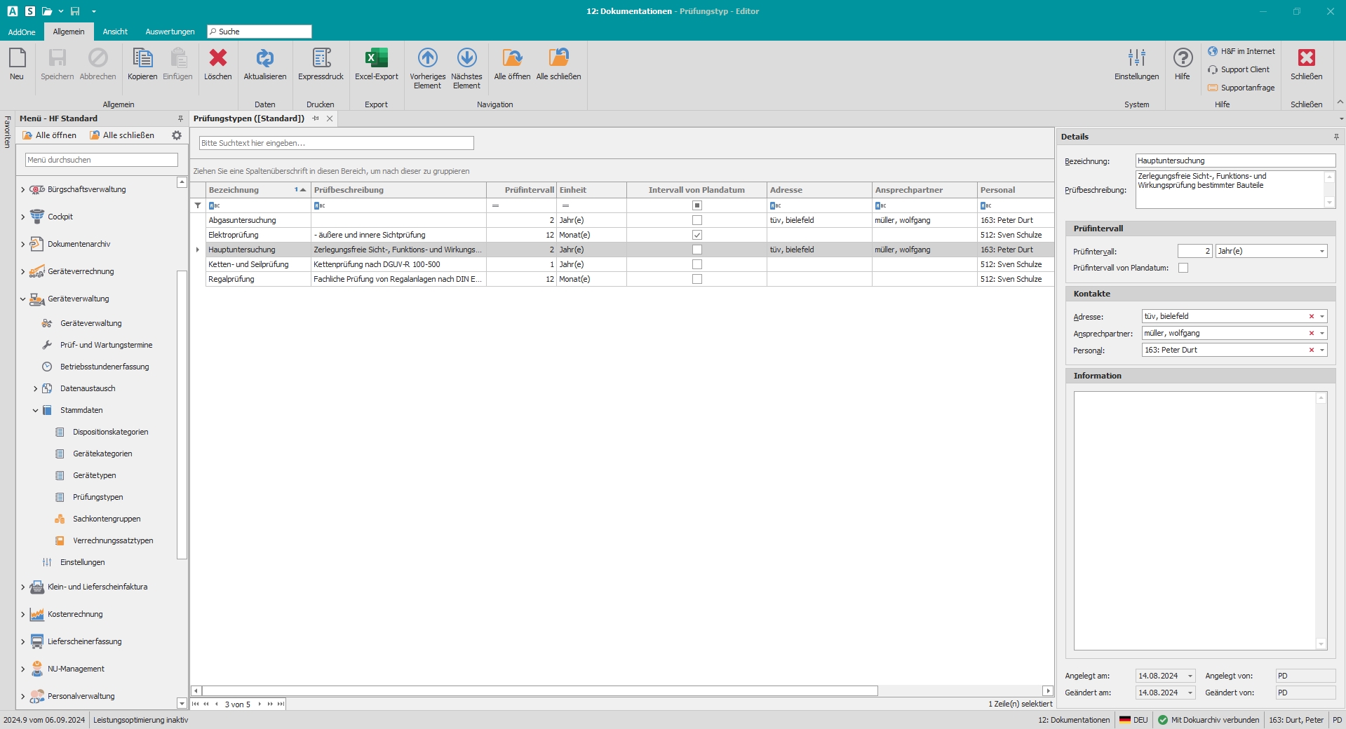 Hauptfenster "Prüfungstypen"