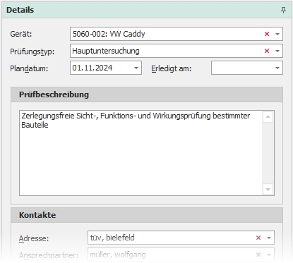 Detail &nbsp;"Prüf- und Wartungstermine" mit Gruppe "Prüfbeschreibung"