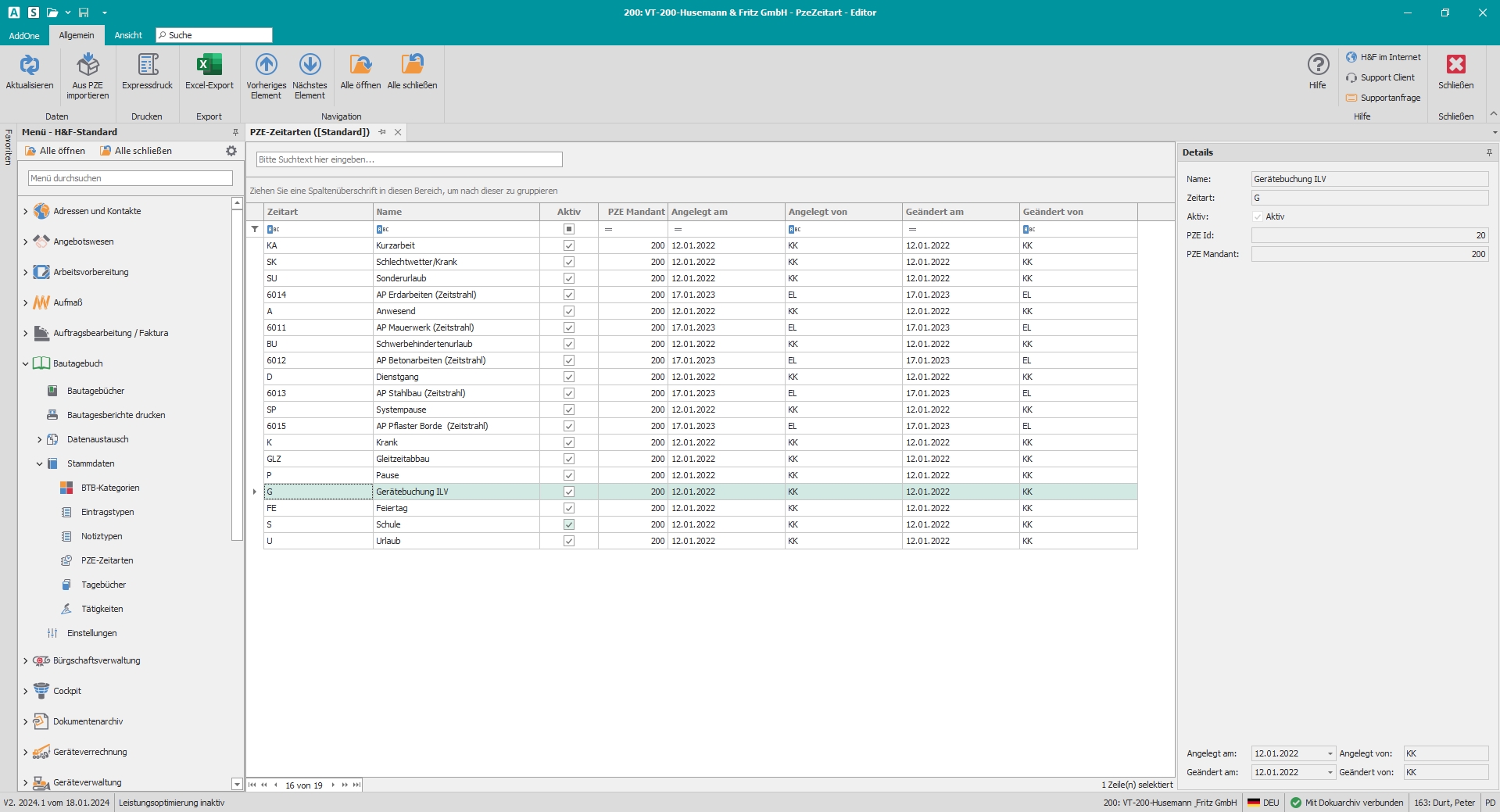 Hauptfenster "PZE-Zeitarten"