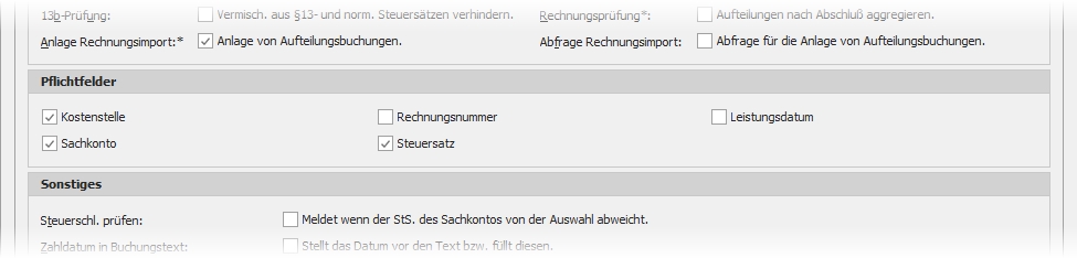 Einstellungen mit Gruppe "Pflichtfelder"