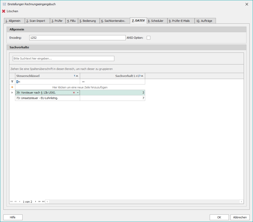 Einstellungen mit Reiter "7. DATEV"