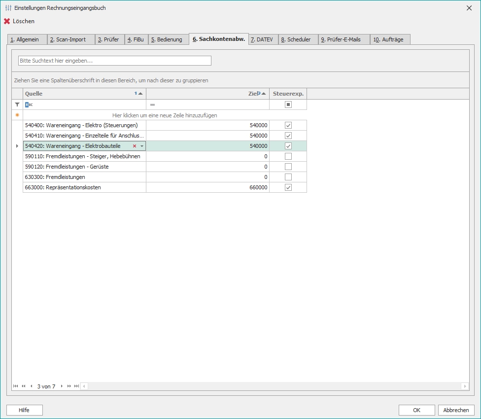 Einstellungen mit Reiter "6. Sachkontenabweichungen"