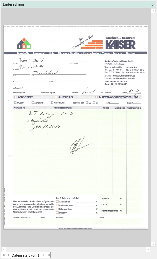 Dockingfenster "Lieferschein"