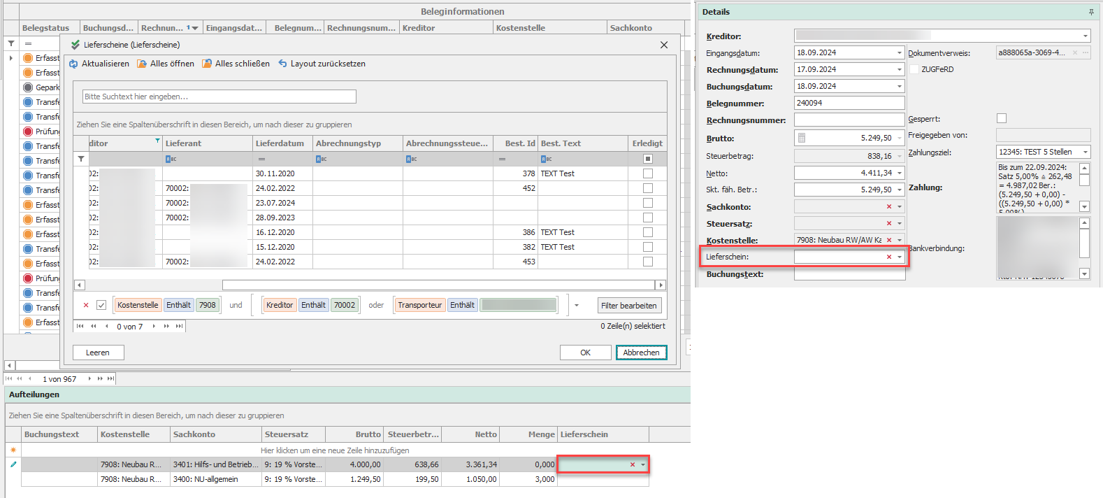 Zuordnung über Lieferscheinauswahl im Rechnungseingangsbuch
