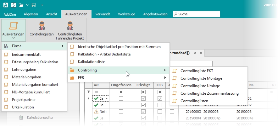 Multifunktionsleiste mit Schalter "Auswertungen" und Verzeichnisstruktur Multifunktionsleiste mit Schalter "Auswertungen" und Verzeichnisstruktur