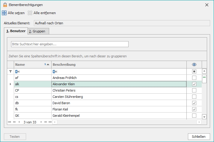 Dialog "Elementberechtigungen" Dialog "Elementberechtigungen"