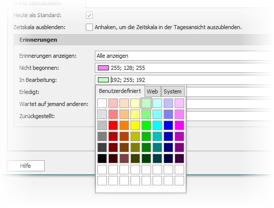 Einstellungen mit Farbauswahl