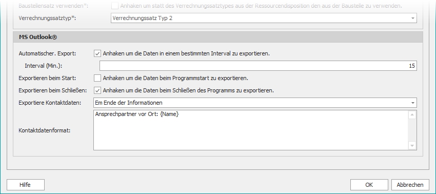 Einstellungen mit Gruppe "MS Outlook®"