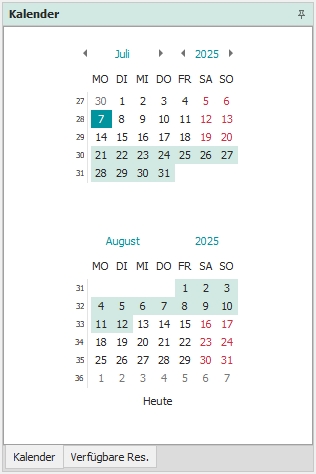 Dockingfenster "Kalender"