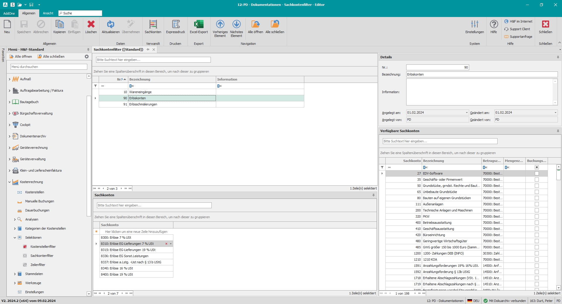 Hauptfenster "Sachkontenfilter"