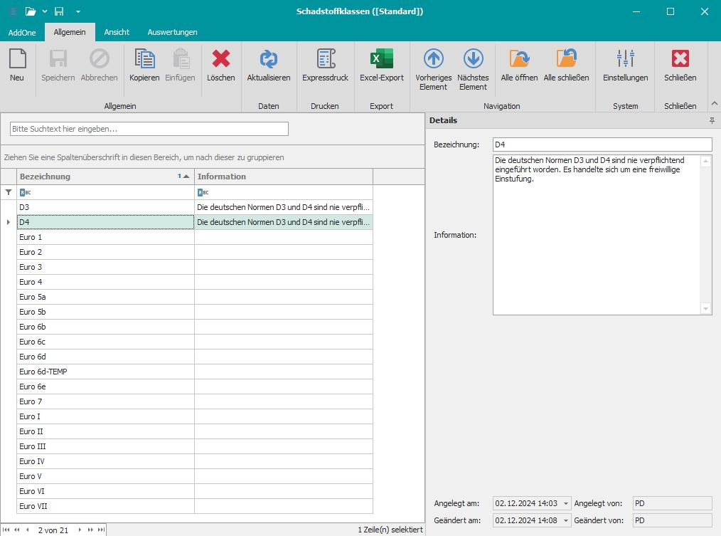 Hauptfenster "Schadstoffklassen" Hauptfenster "Schadstoffklassen"