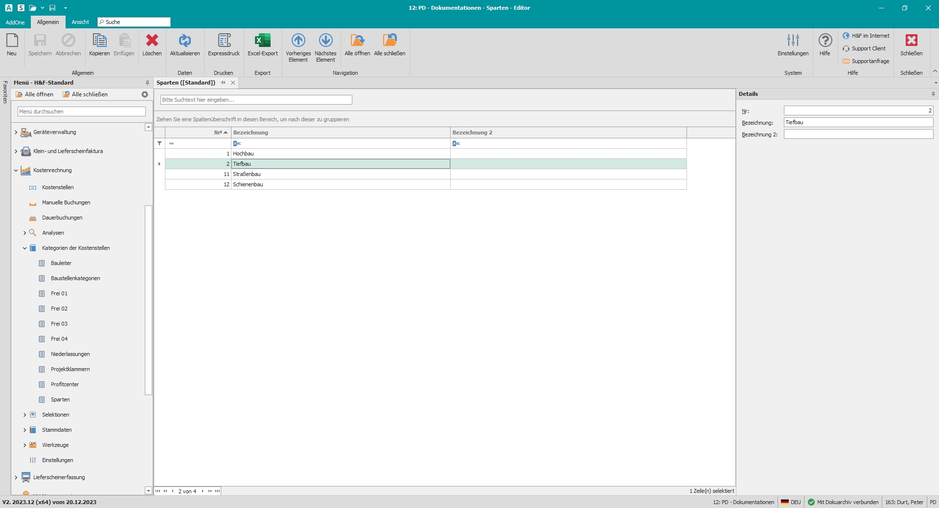 Hauptfenster "Sparten"