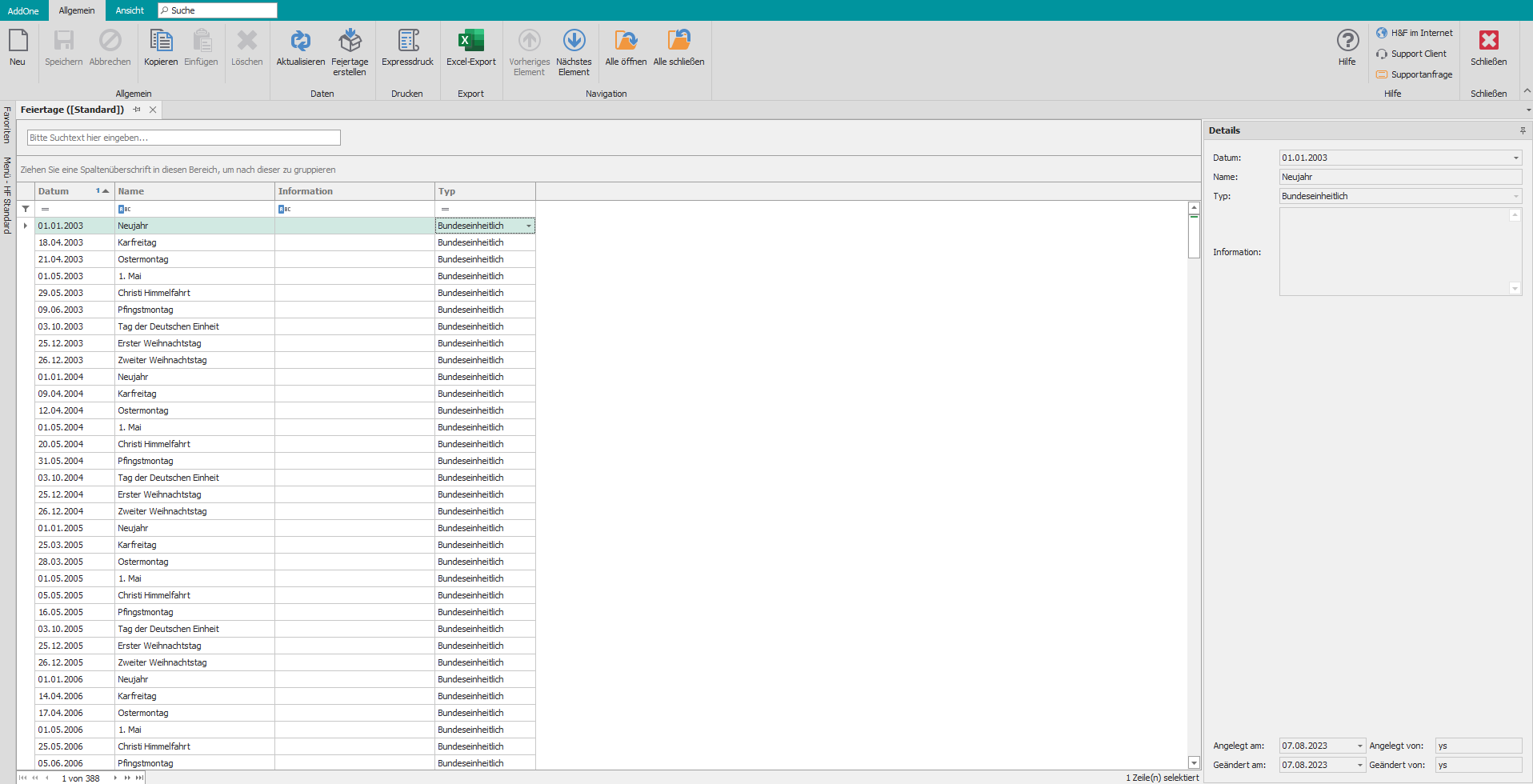 Editor für Feiertage Editor für Feiertage