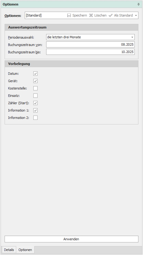 Dockingfenster "Optionen"