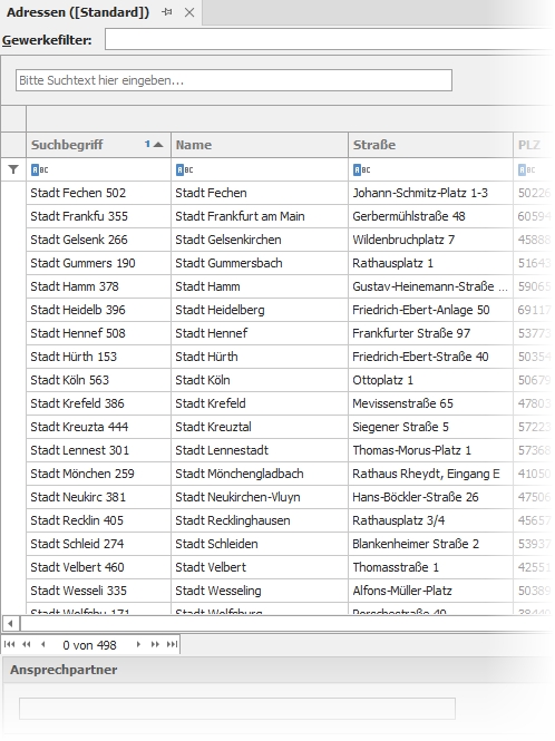 Adressen mit Suchbegriffen