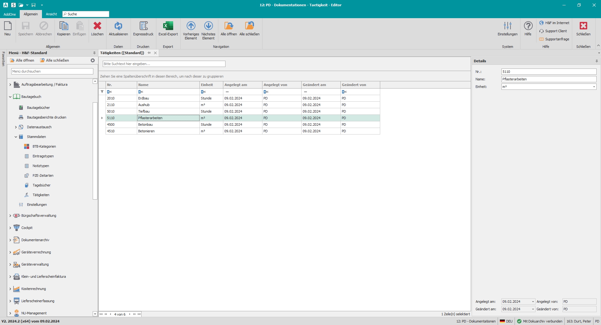 Hauptfenster "Tätigkeiten"