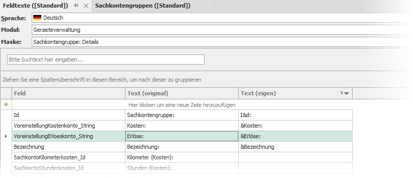 Feldtexte mit Definition von Shortcuts