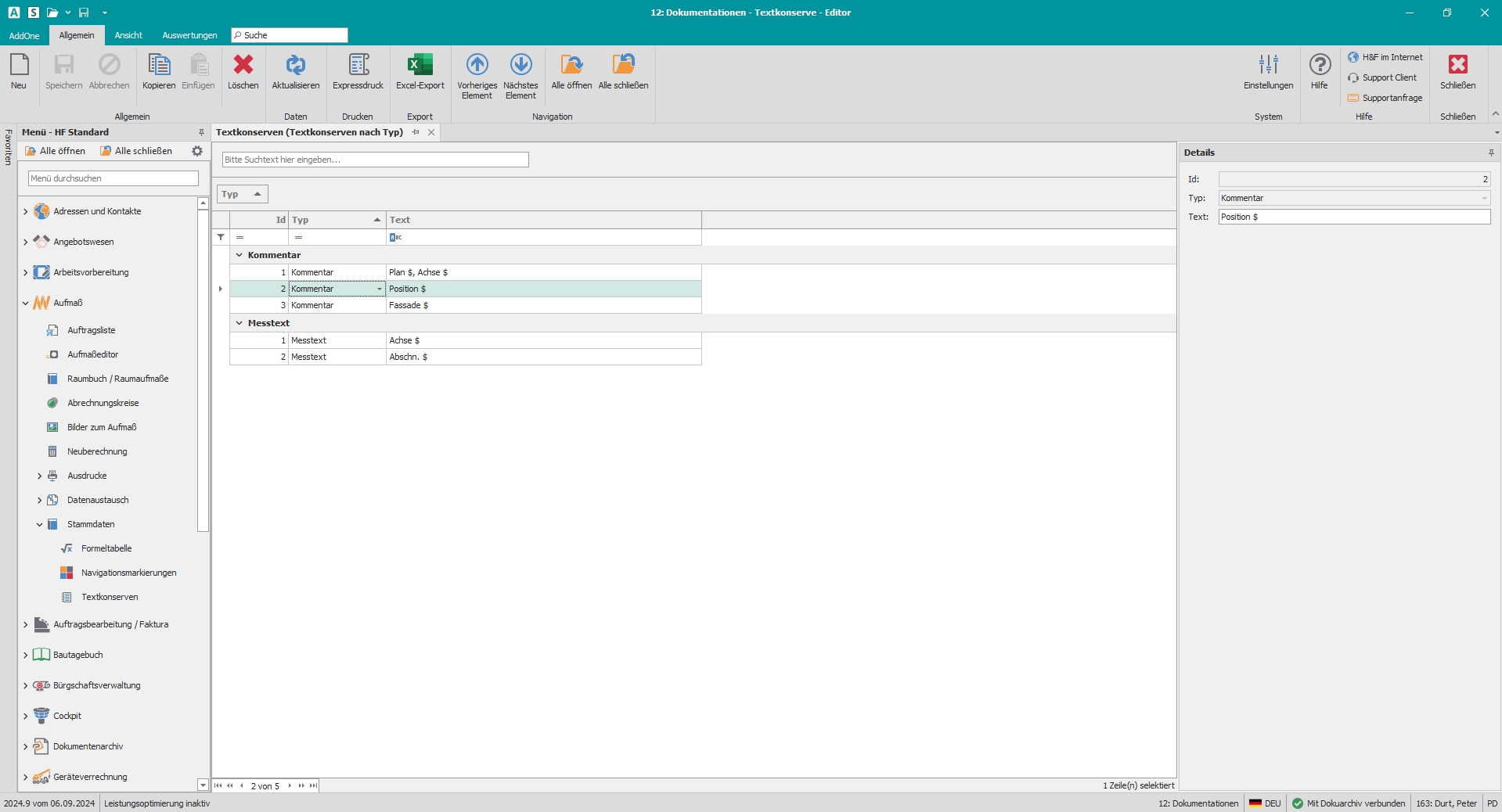 Hauptfenster "Textkonserven" mit Gruppierung nach Typen