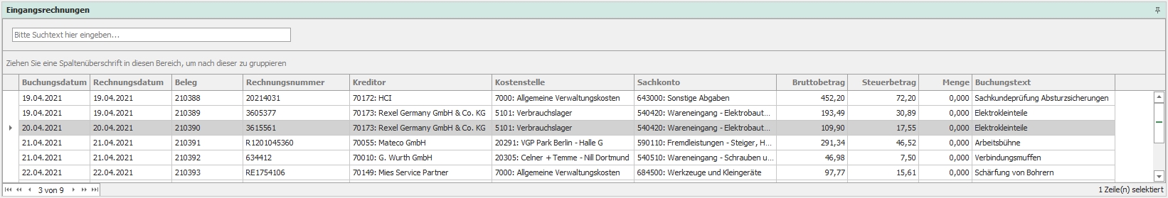 Dockingfenster "Eingangsrechnungen"
