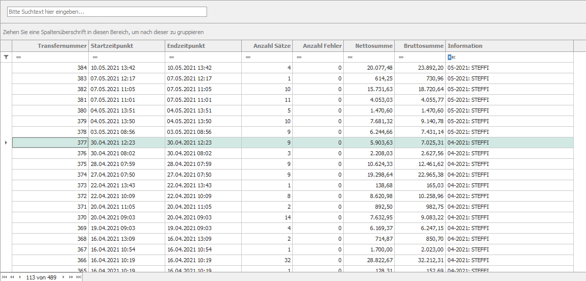 Hauptfenster "Transferdaten"
