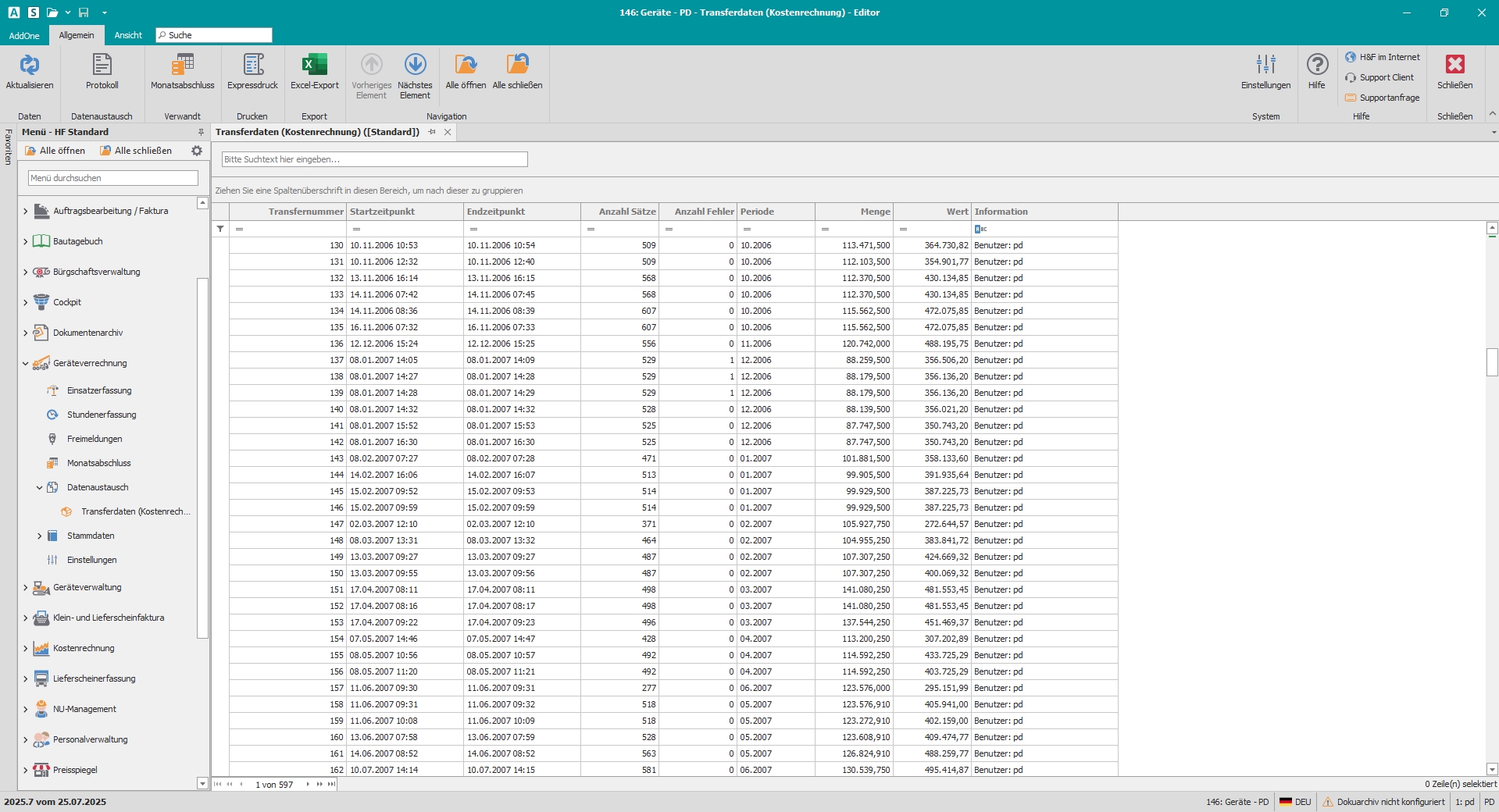 Hauptfenster "Transferdaten (Kostenrechnung)"