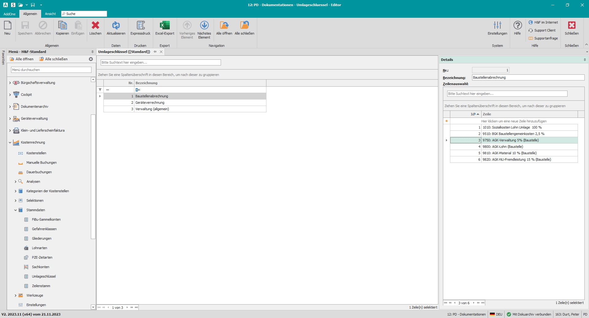 Hauptfenster "Umlageschlüssel"