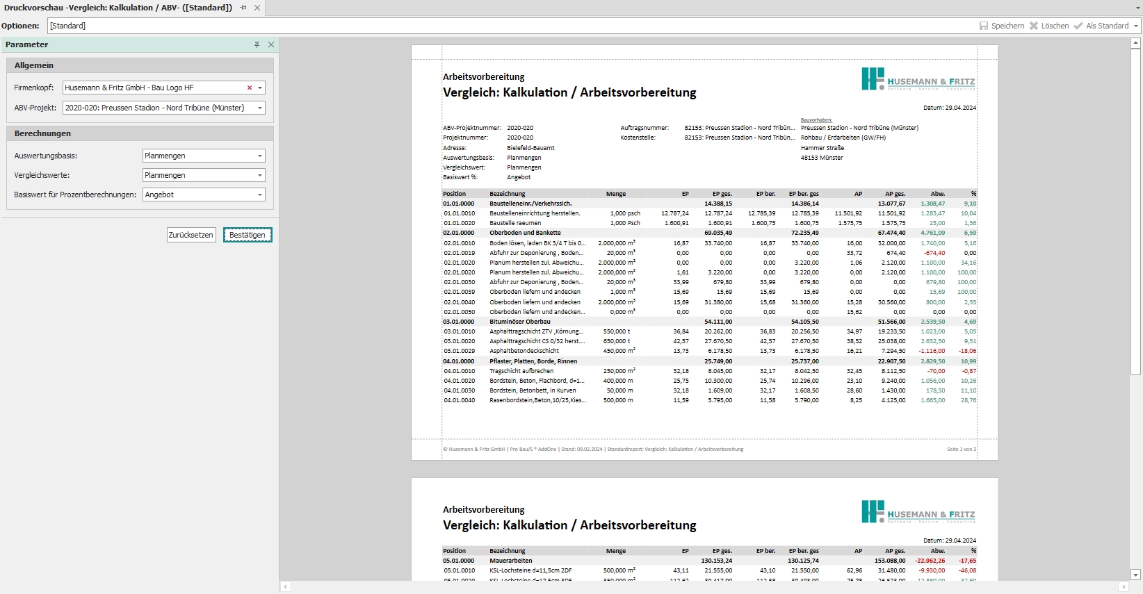 Standardreport "Vergleich: Kalkulation / ABV"