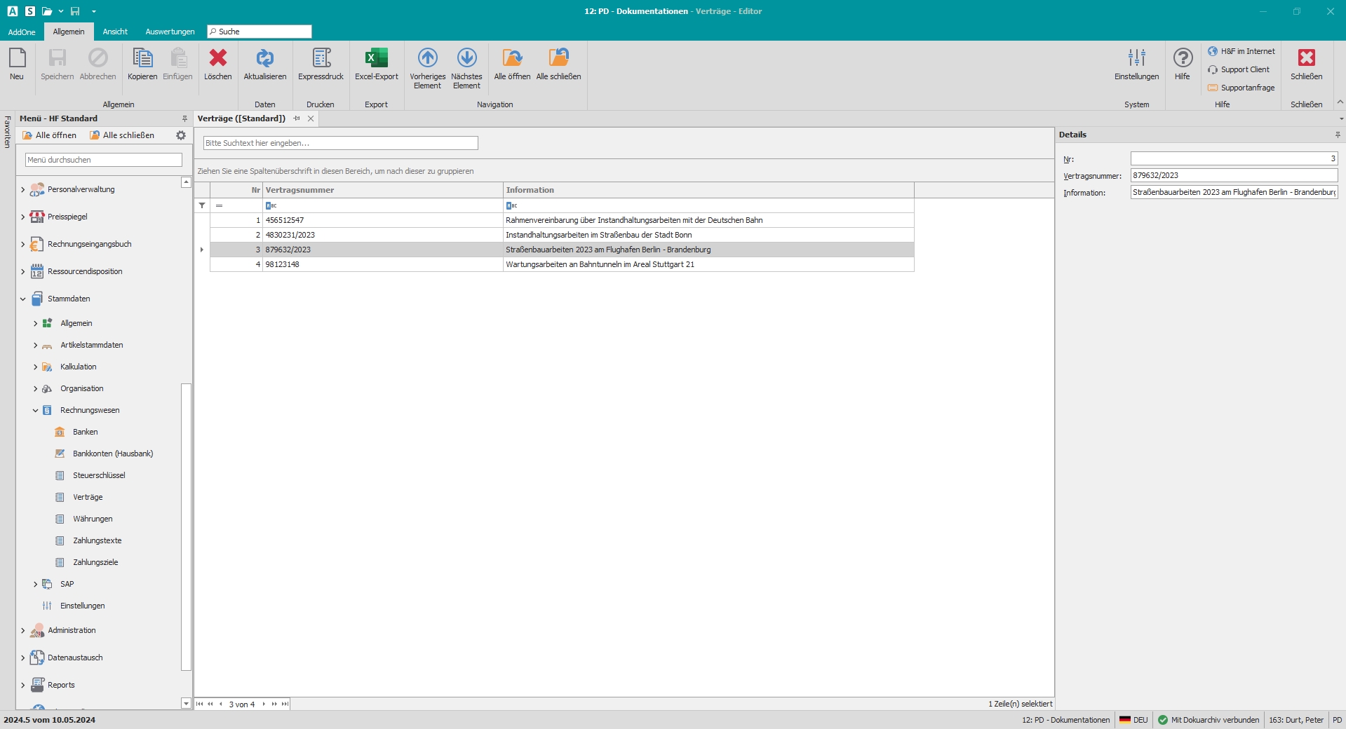 Hauptfenster "Verträge"