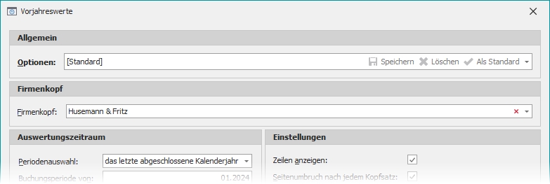 Analyse "Vorjahreswerte" mit Gruppe "Optionen"