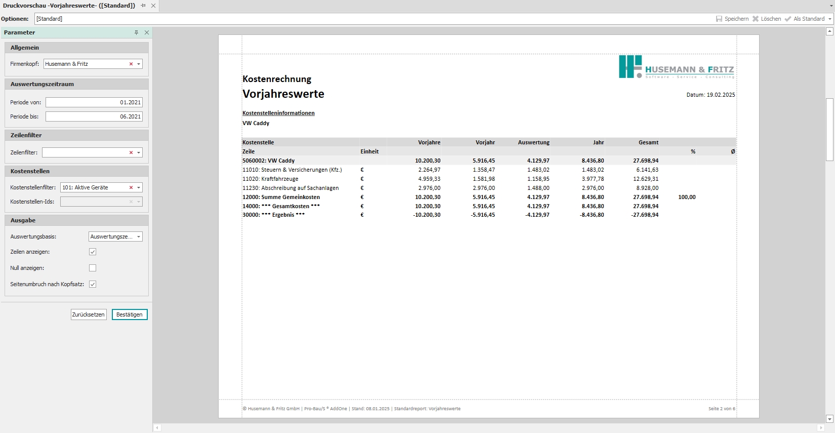Standardreport "Vorjahreswerte" mit Buchungszeilen