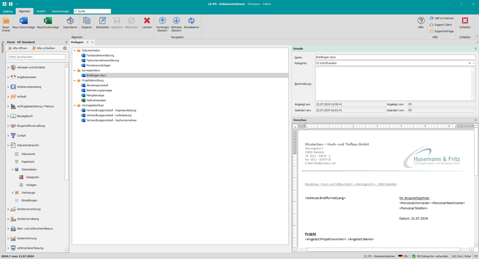 Hauptfenster "Vorlagen"
