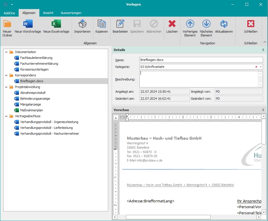 Hauptfenster "Vorlagen"