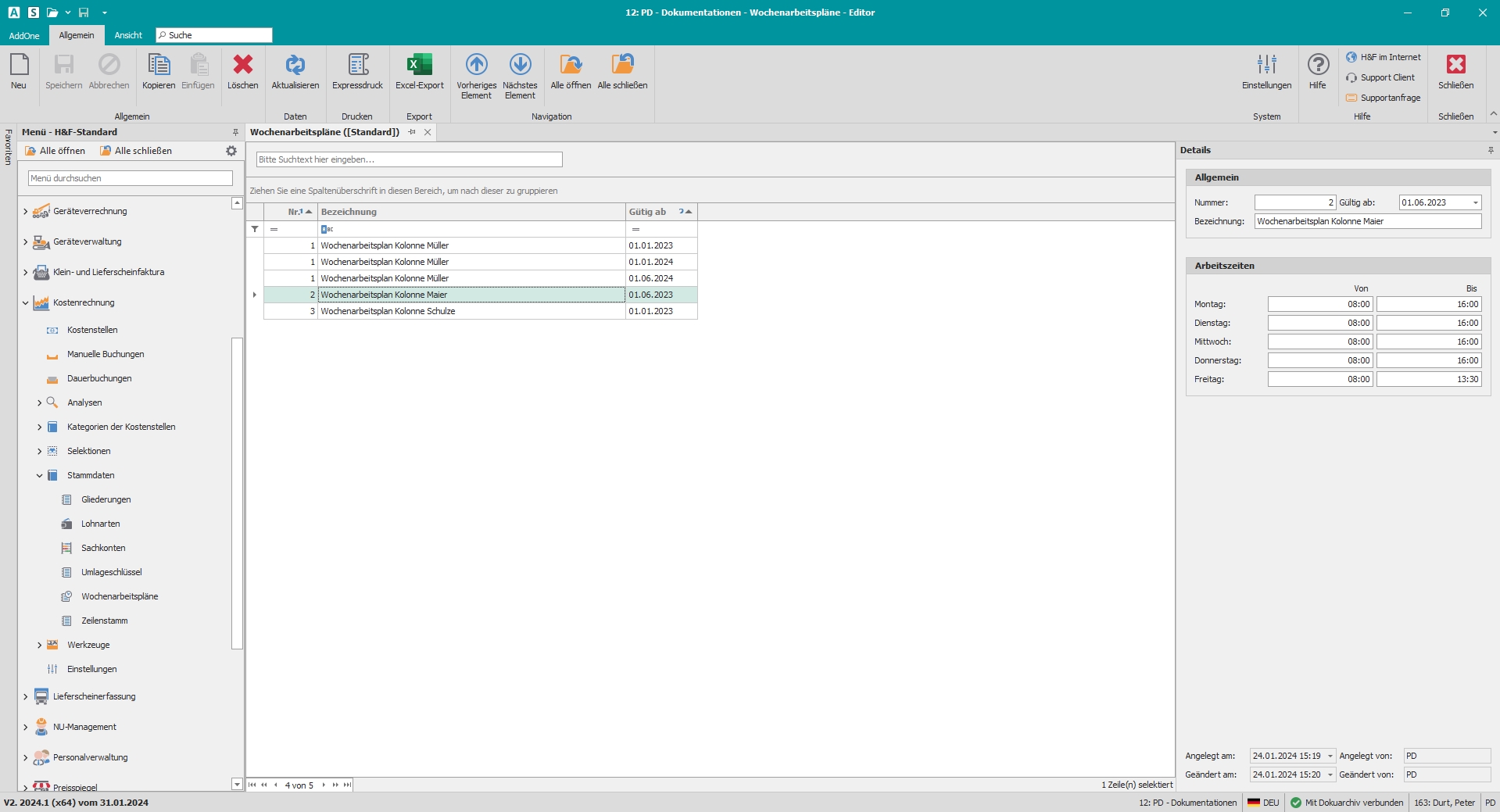 Hauptfenster "Wochenarbeitspläne"