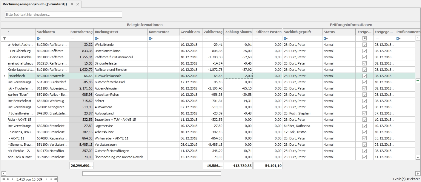 Tabelle "Beleginformationen" aus dem Rechnungseingangsbuch