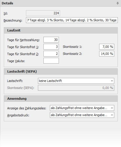 Detail "Zahlungsziele"