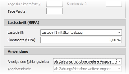 Detail "Zahlungsziele" mit Gruppe "Lastschrift"