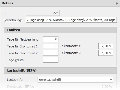 Detail "Zahlungsziele" mit Gruppe "Laufzeit"