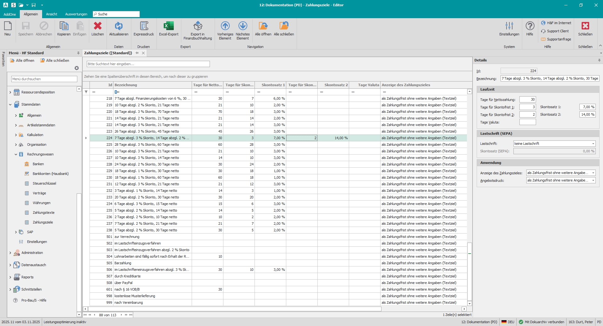 Hauptfenster "Zahlungsziele"