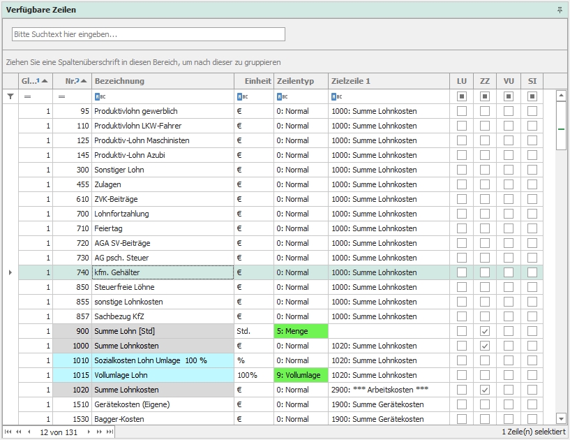 Dockingfenster "Verfügbare Zeilen" Dockingfenster "Verfügbare Zeilen"