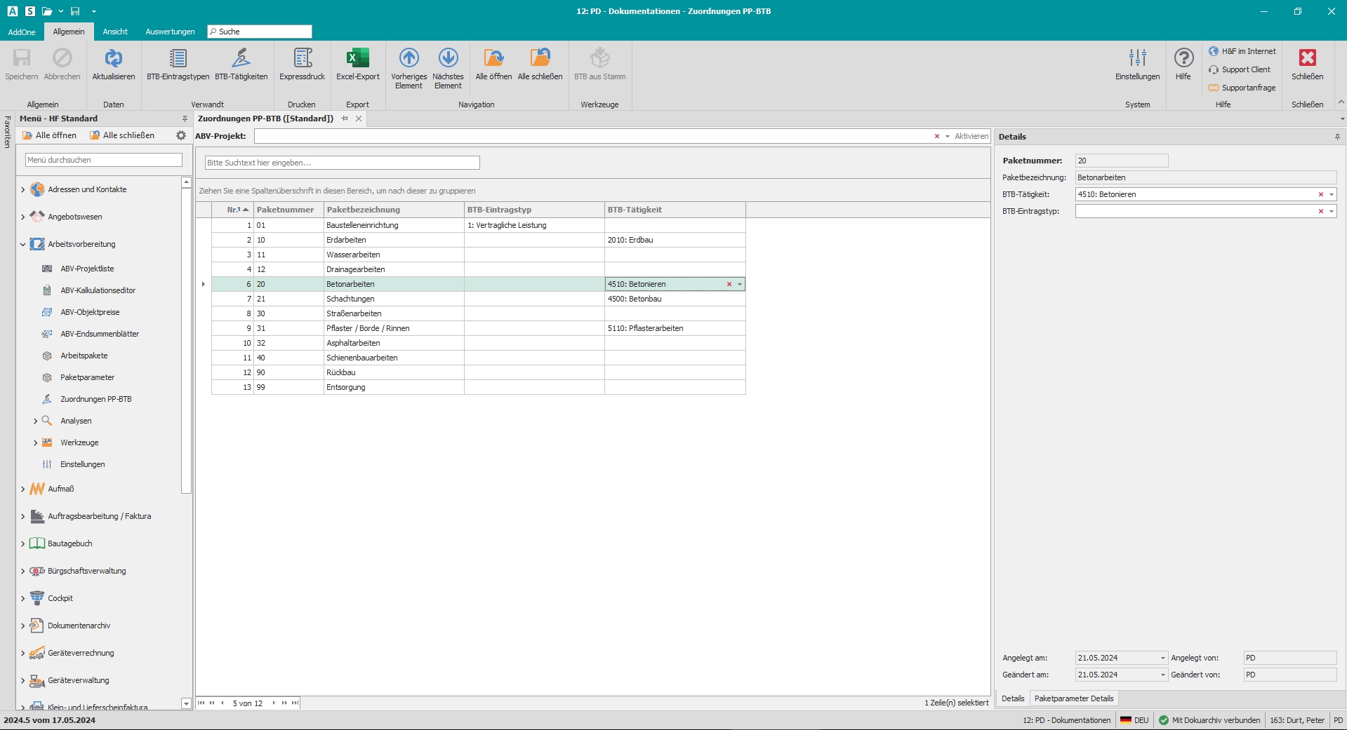 Hauptfenster "Zuordnungen PP-BTB"